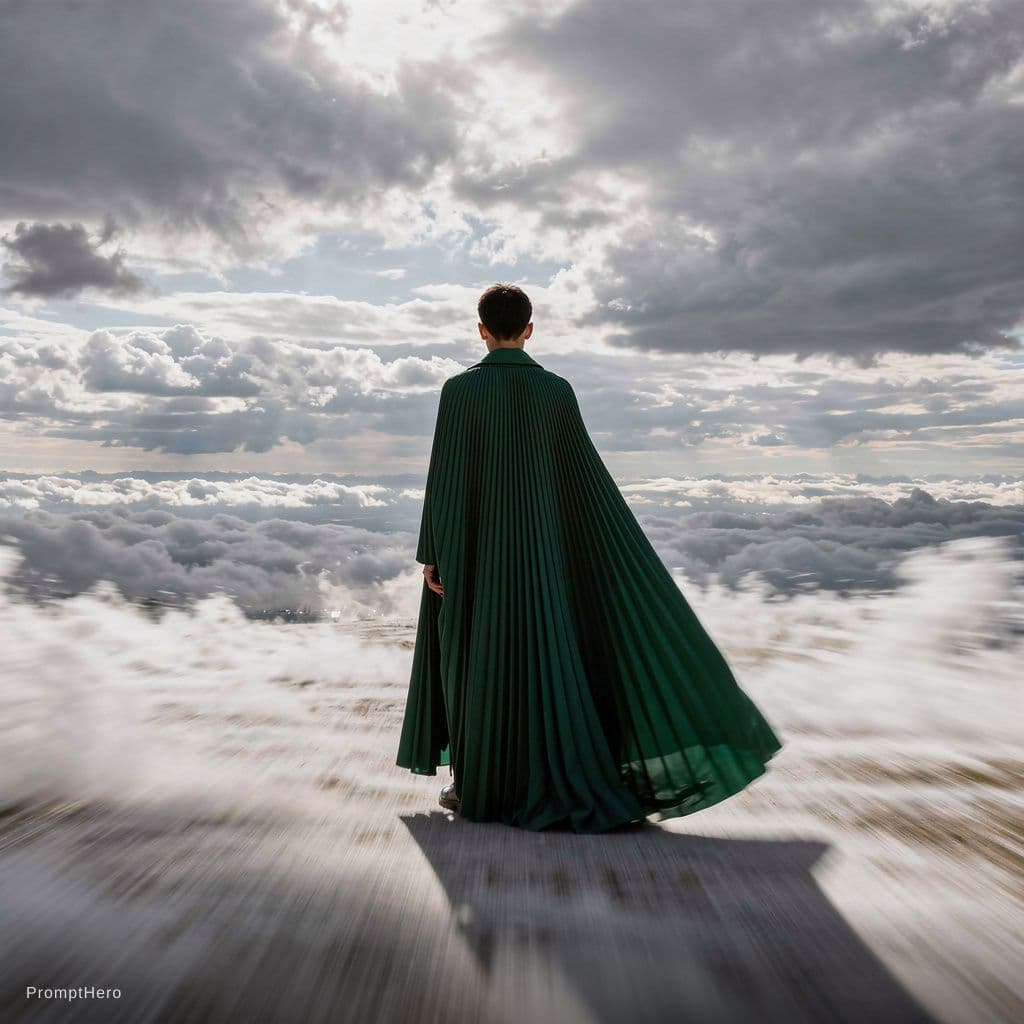 AI generated: motion blur photography, long range shoot, mysterious man model, wearing a deep green long pleated c...