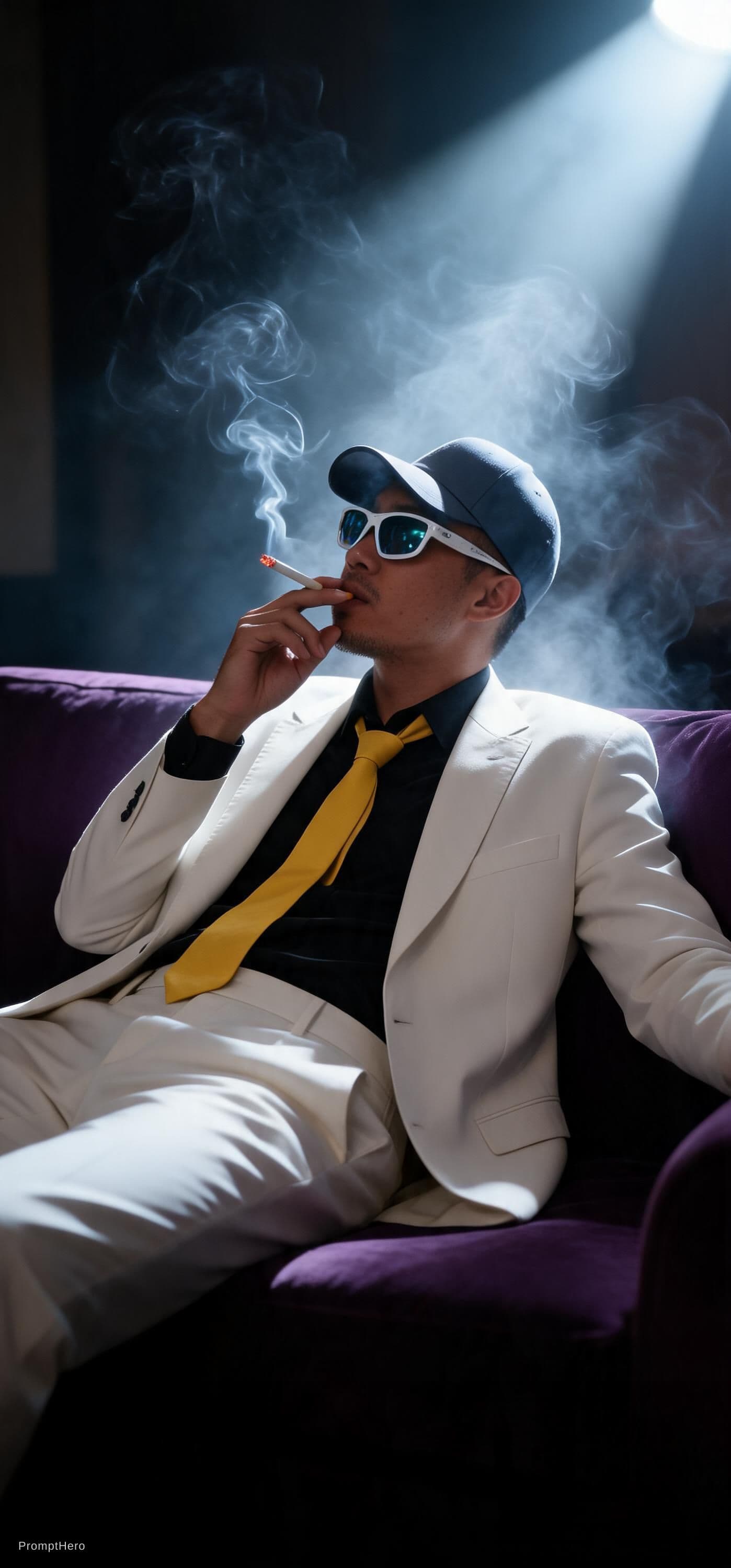 AI generated: snapshot,

dimly lit room with a hazy atmosphere,

capturing a male model lounging on a deep purple ...