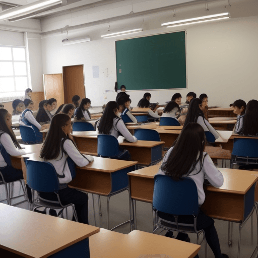 AI generated:  estudiantes secundaria enseñando a muchos profesores, aula, 