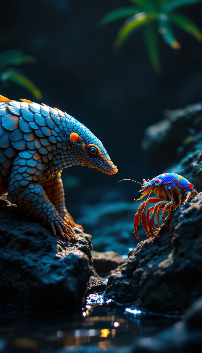 AI generated: A breathtaking encounter between a Pangolin and a Mantis Shrimp set against the enchanting nightscap...