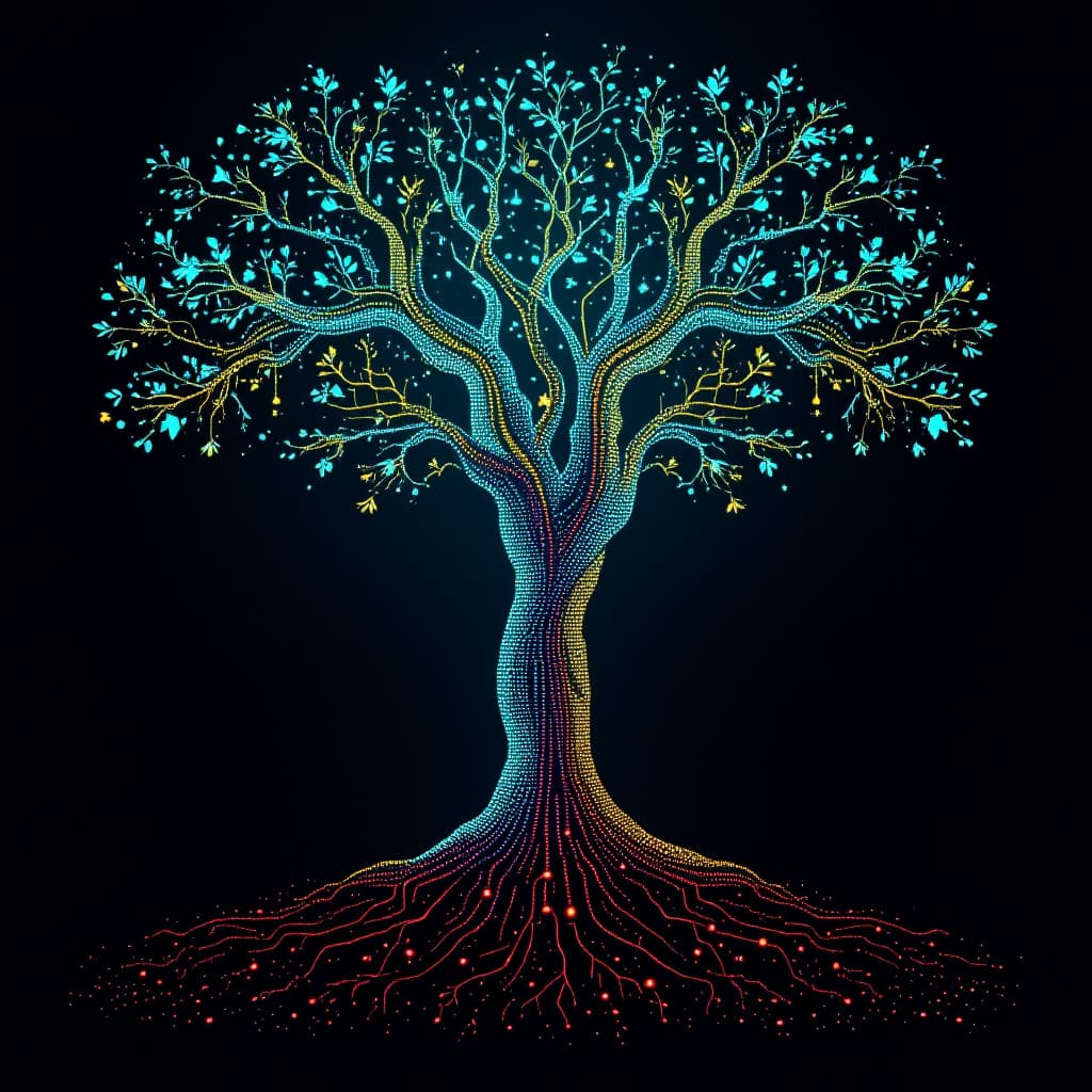 AI generated: An African glowing, tree-like organism where branches represent different data streams((0s and 1s, l...