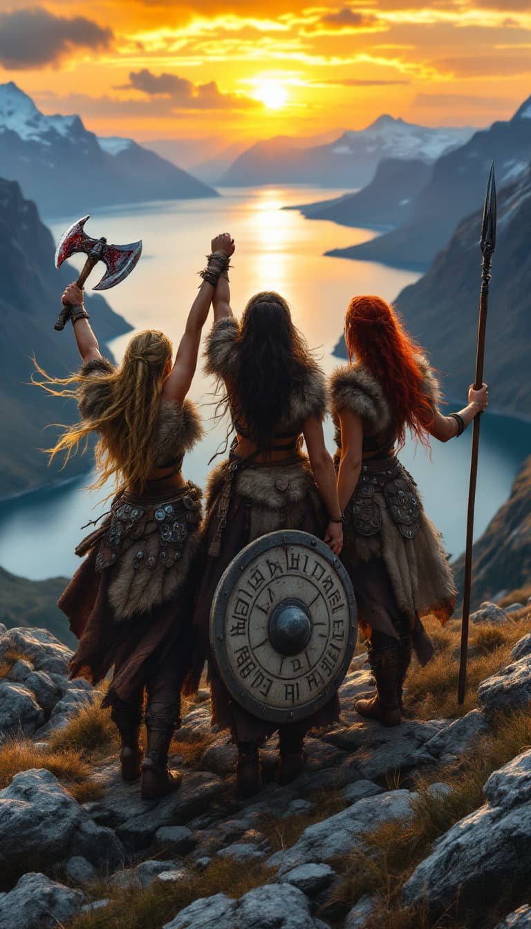 AI generated: Three Viking women standing triumphantly atop a rocky hill overlooking a vast fjord; one with golden...