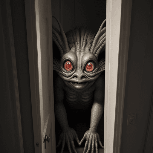 AI generated: creature with a disturbing look peeking out from behind a closet door in a bedroom, high detail, 8k,...