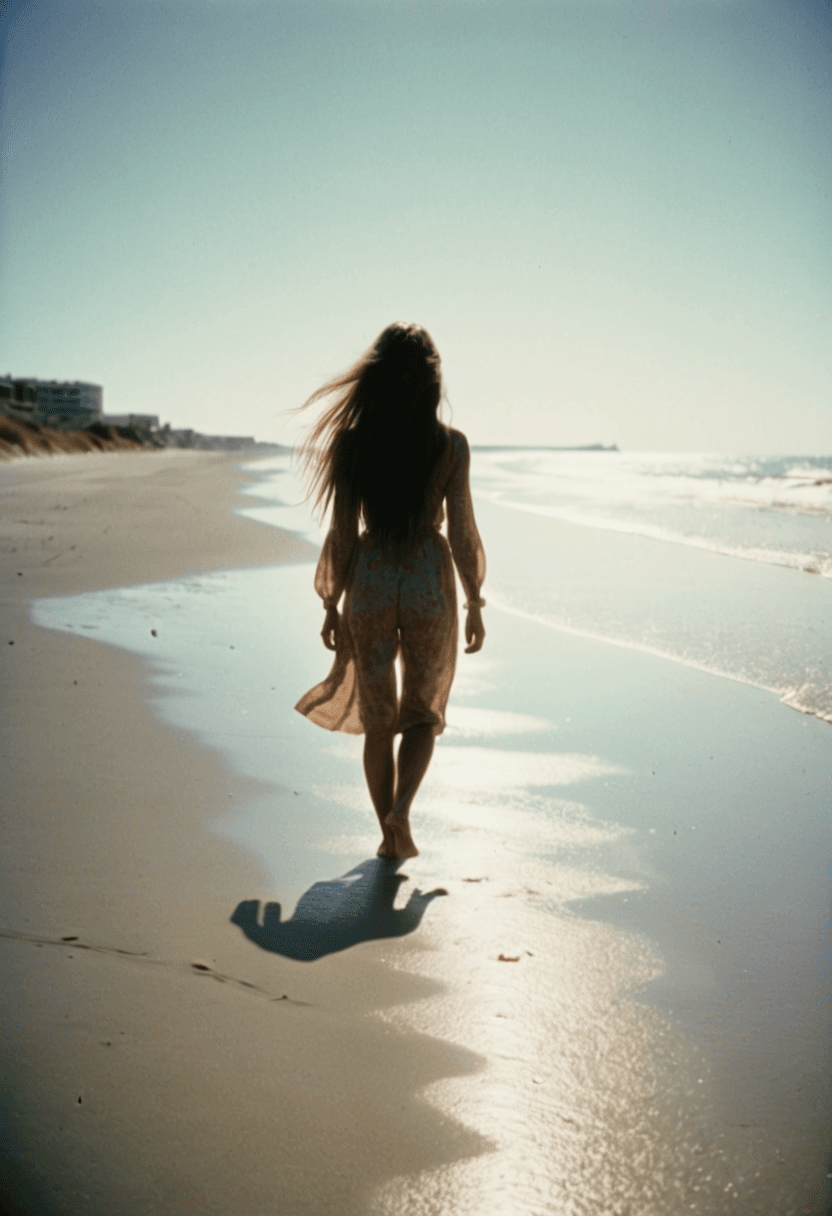 AI generated: This is a candid, full body, analog film photograph, from behind, of a woman with long hair walked a...