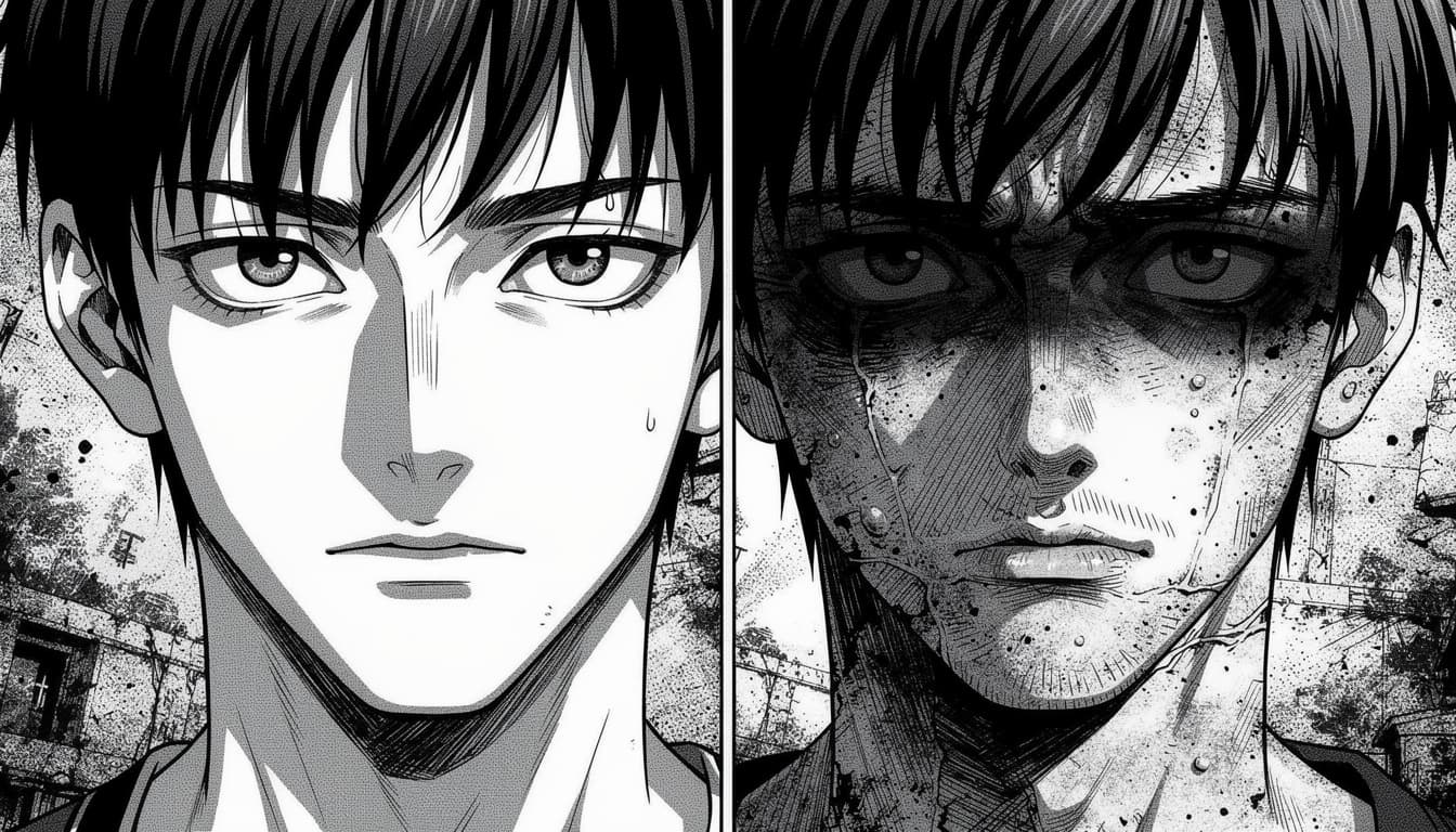 AI generated: dark manga seinen style, depressed male face, sharp jawline,
before and after transformation, left s...