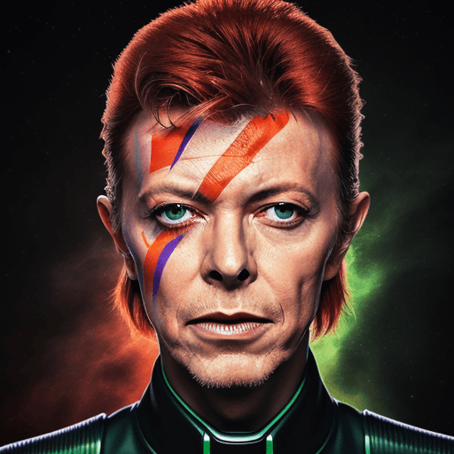 AI generated: David Bowie face in red green orange and purple colors on a sci-fi background

