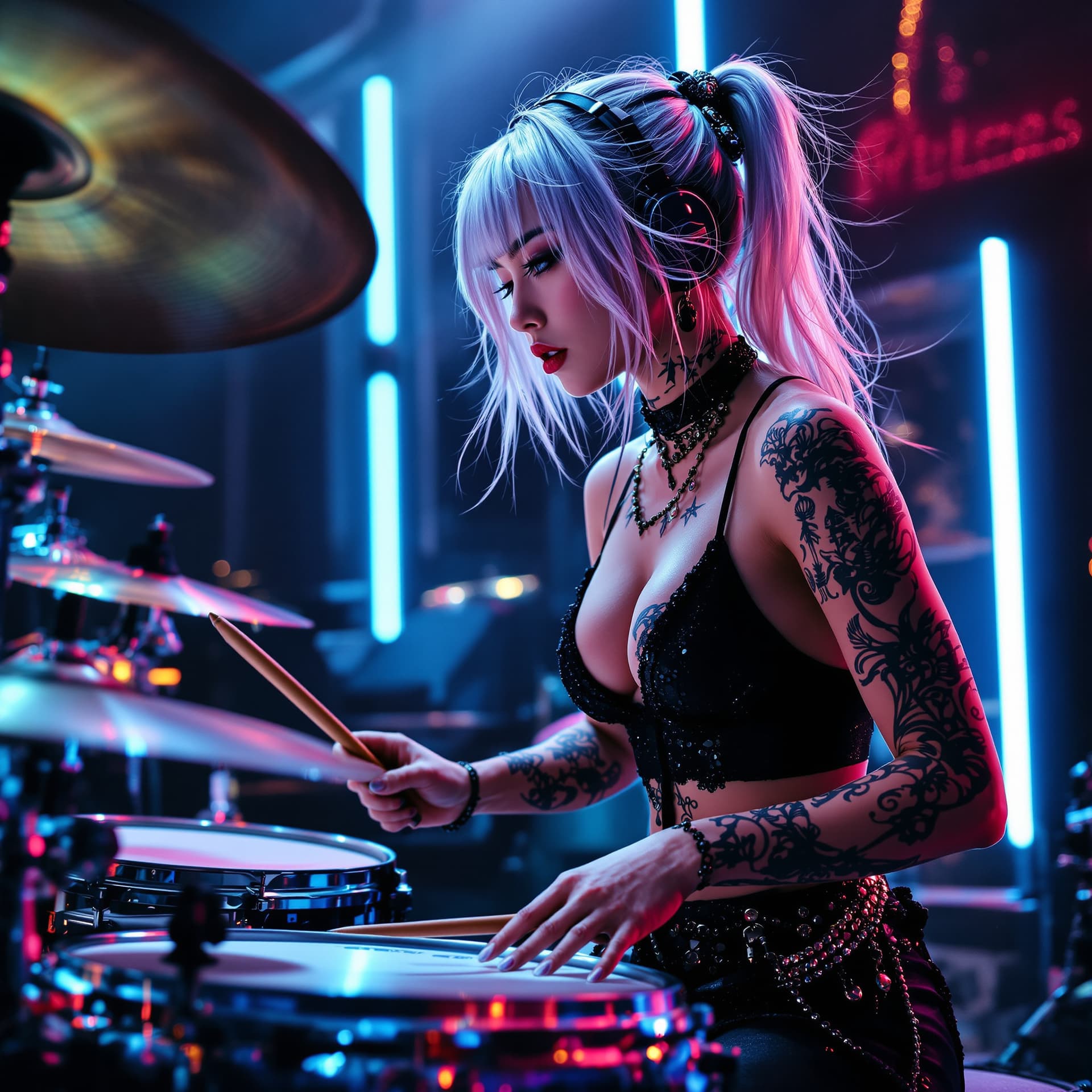 AI generated: Pen and ink. Hot female Japanese playing drums on stage, silver hair, neon lights, with tattoos, pho...