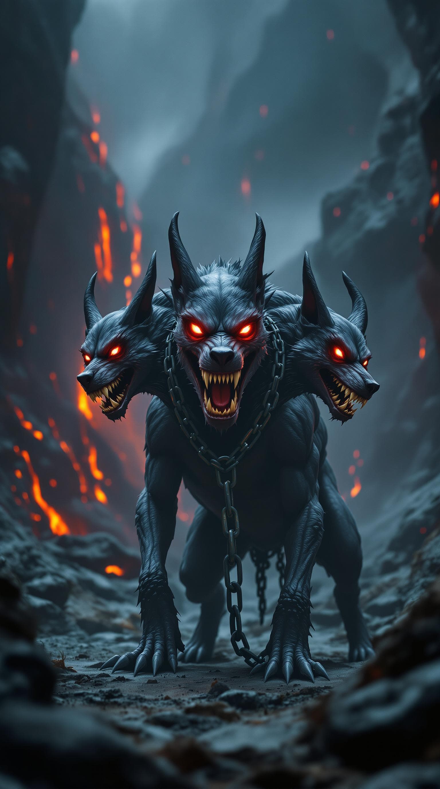 AI generated: Shot with a Panasonic Lumix GH7, The image depicts a three-headed dog, reminiscent of mythological c...