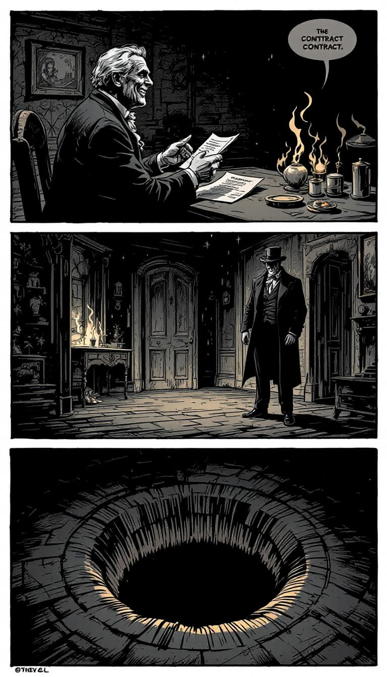 AI generated: An image in a Victorian Penny Dreadful comic style of a sinister man in a Victorian parlour, smiling...