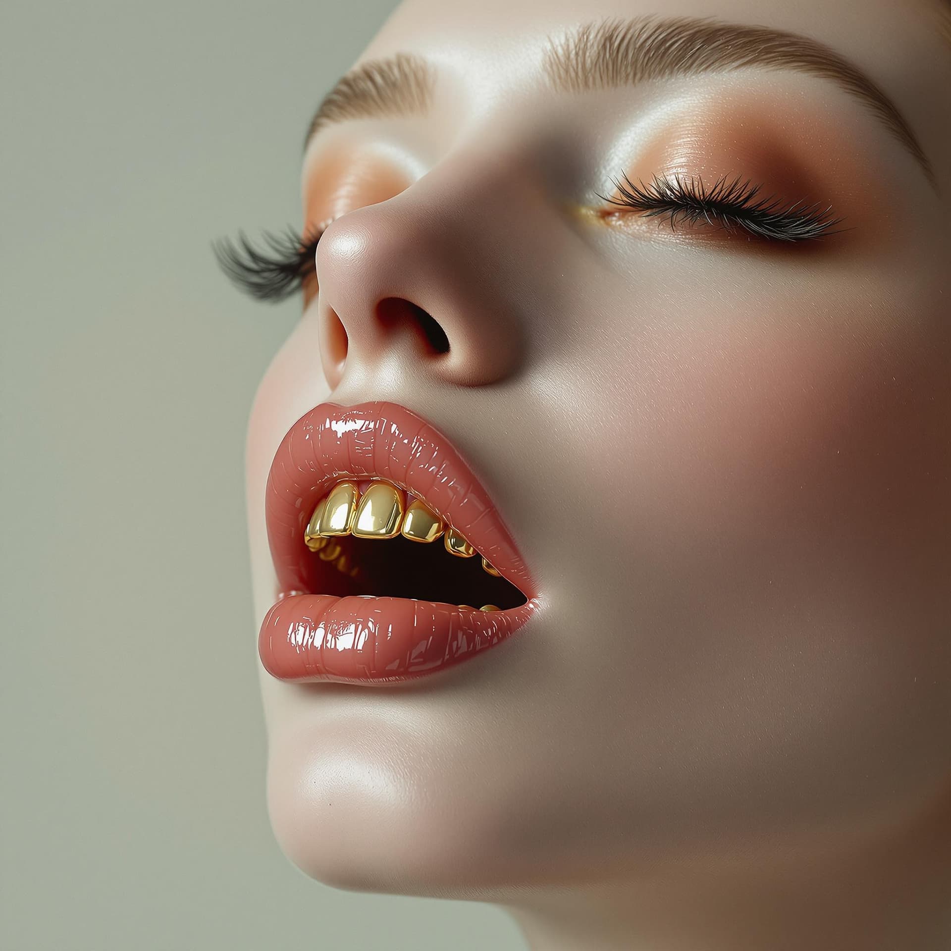 AI generated: a woman with a large jaw and gold teeth, in the style of futuristic minimalism, restrained forms, da...