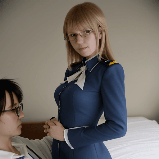 AI generated: Perrine H Clostermann From The Strike Witches holding  her lovers hand Julius who is a boy  in Her R...