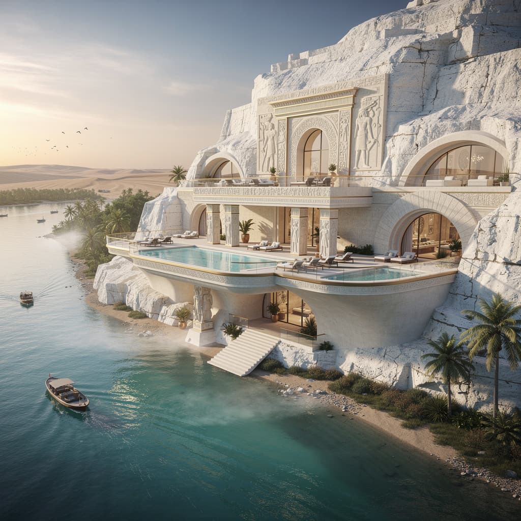 AI generated: A luxurious hotel carved inside a white mountain, located on the banks of the Nile River, blending a...