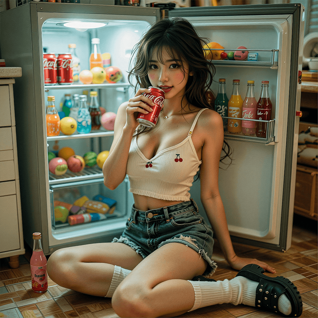 AI generated: A highly detailed, photorealistic, cinematic medium-full shot of a stunning young Japanese woman sit...