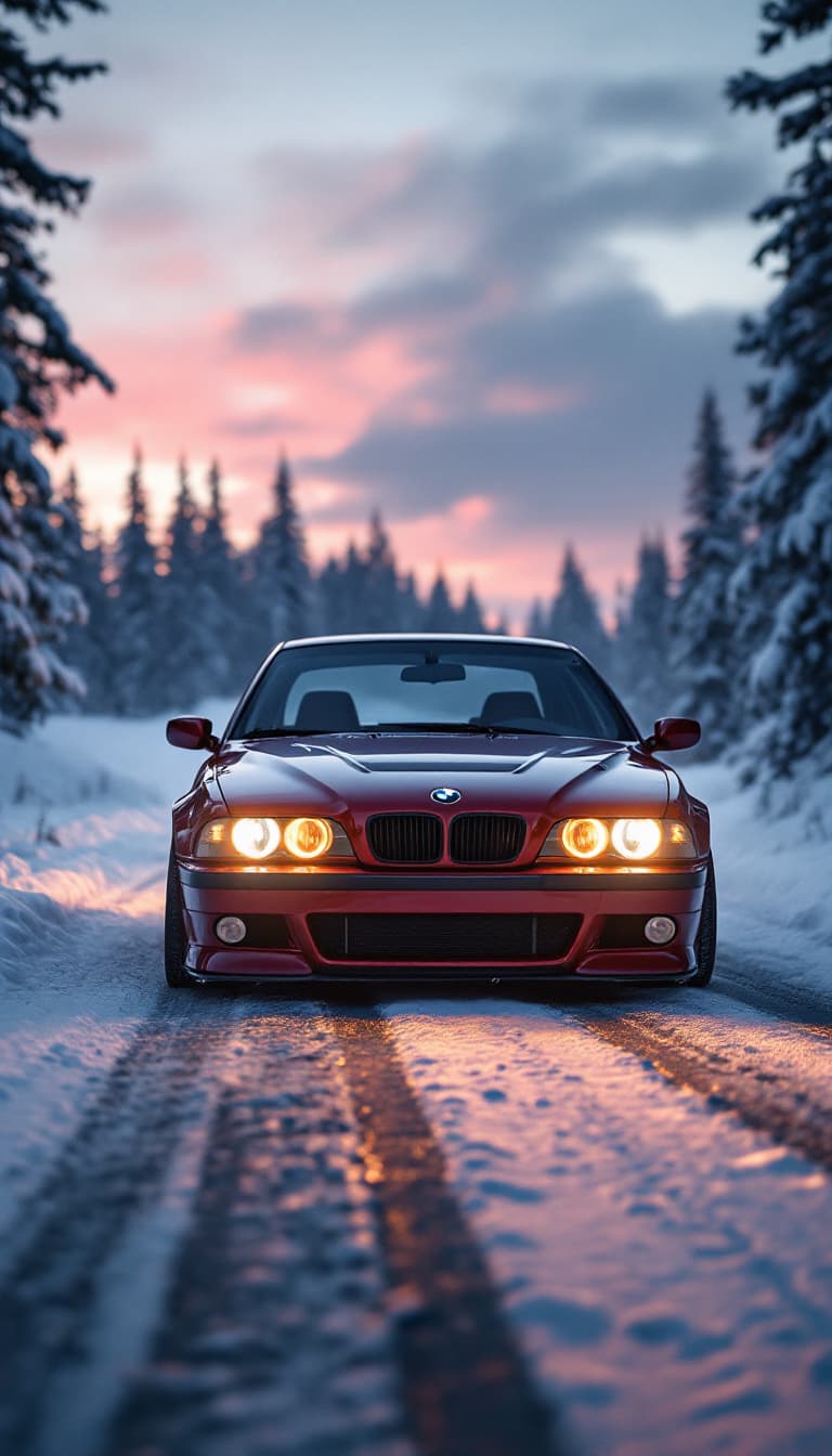 AI generated: Photo of a ultra realistic wine red bmw e39 m5, bmw angel eyes, halogen fog lights, dramatic light, ...