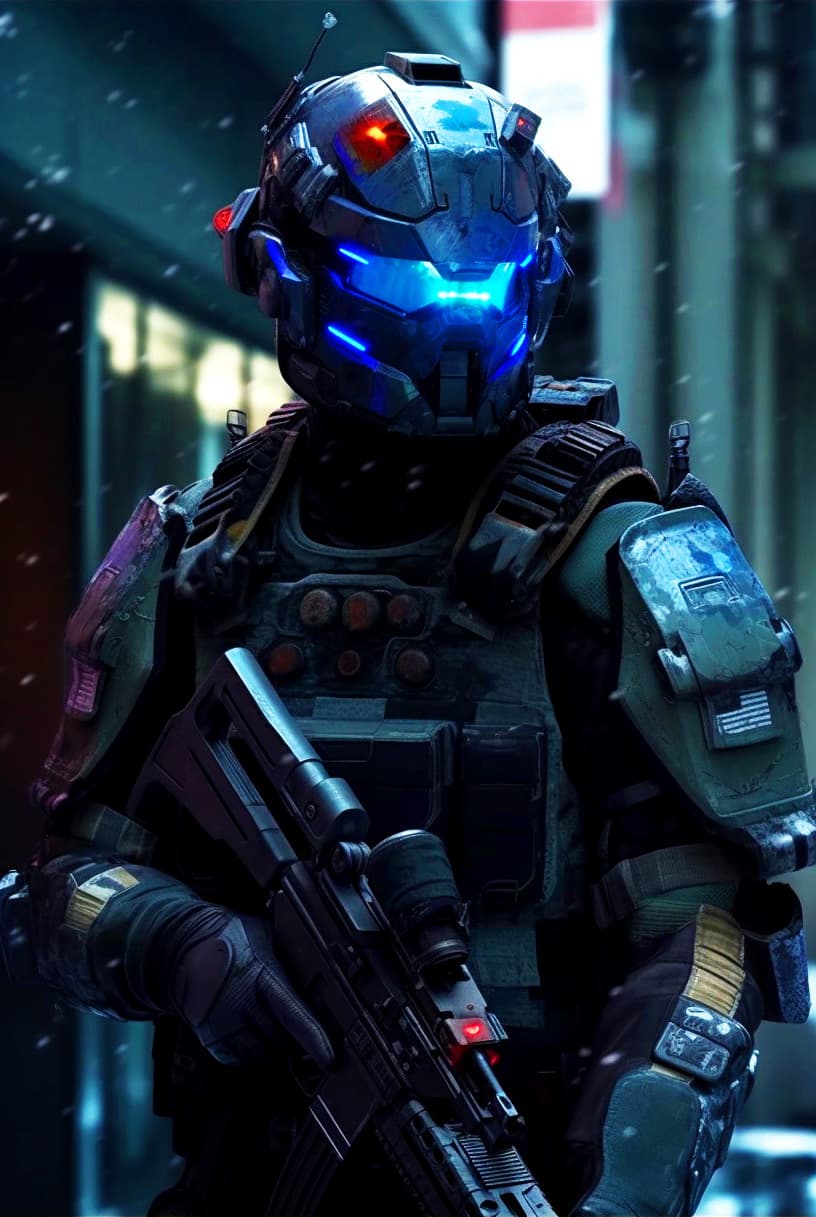 AI generated: Futuristic soldier with hi-tech armor and weaponry, holograms navigations, street, overcast, reflect...