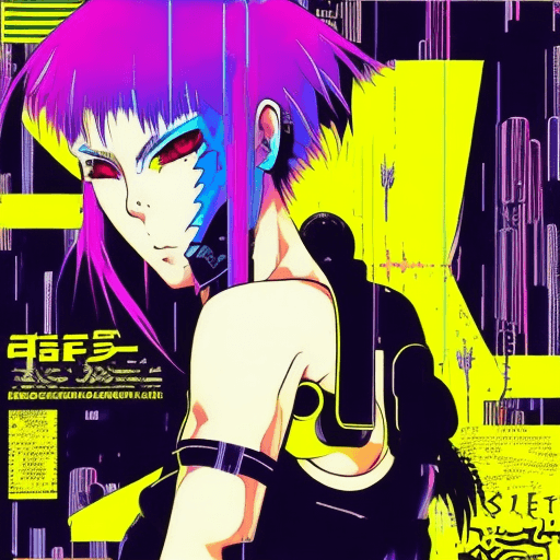 AI generated: early techno rave music inspired by ghost in the shell, 90s manga aesthetic, expressive face, yellow...