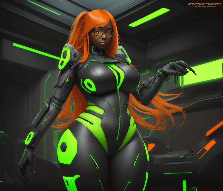 AI generated: Orange long hair, black and neon green jumpsuit, woman, futuristic tech, glasses, hypnosis, mech sui...