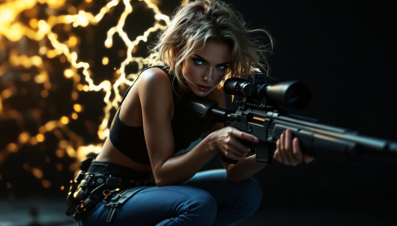 AI generated: Digital art, cinematic 8K wallpaper. Up view of a stunning female warrior from a future is crouched ...