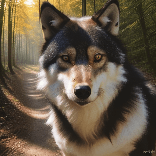 AI generated: ein junger wolf, verirrt im wald, sonnenaufgang, sieht mit süßen augen in die kamera, 