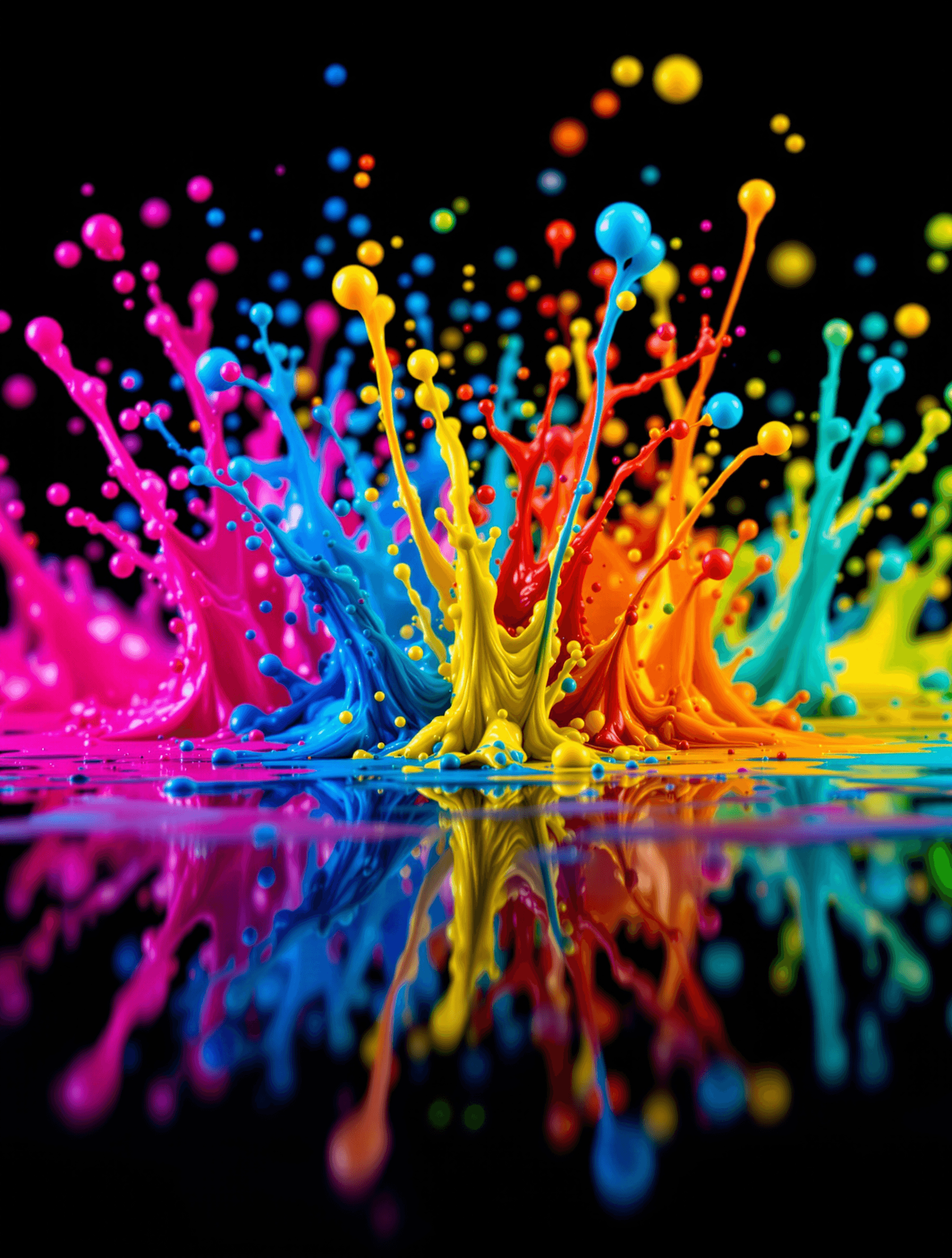 AI generated: A high-detail macro photograph of vibrant, colorful paint splatter on a glossy black reflective surf...