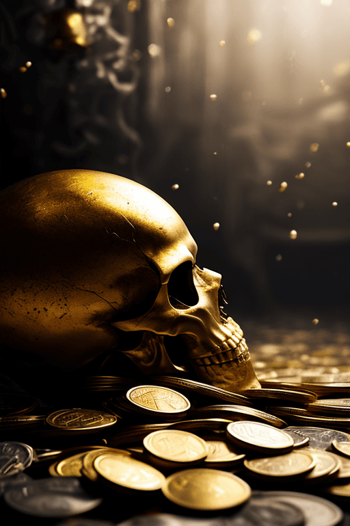 AI generated: mj, close up of a pirate's skull lying on floor full of gold coins, pirate hat, dramatic light, epic...