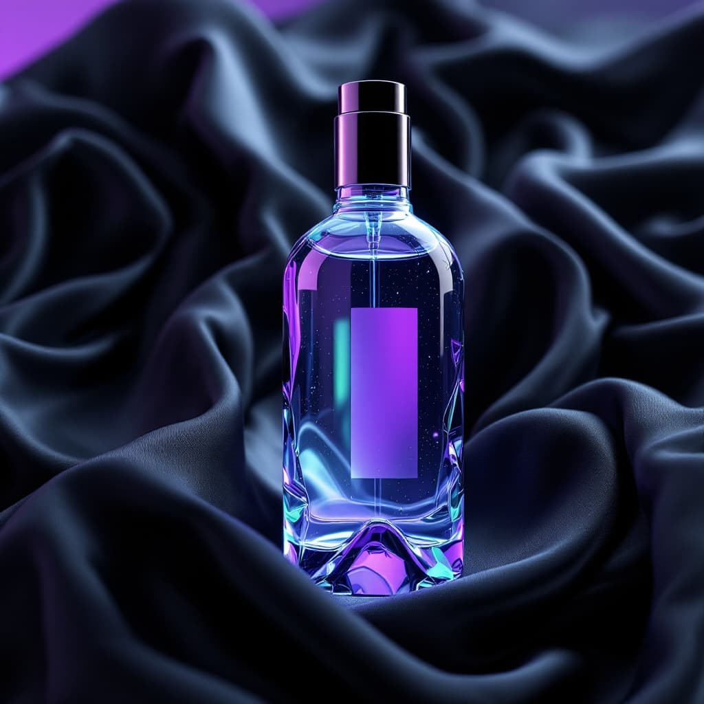 AI generated: futuristic, cyberpunk aesthetic, bottle, purple green accents, flowing black silk fabric, studio lig...