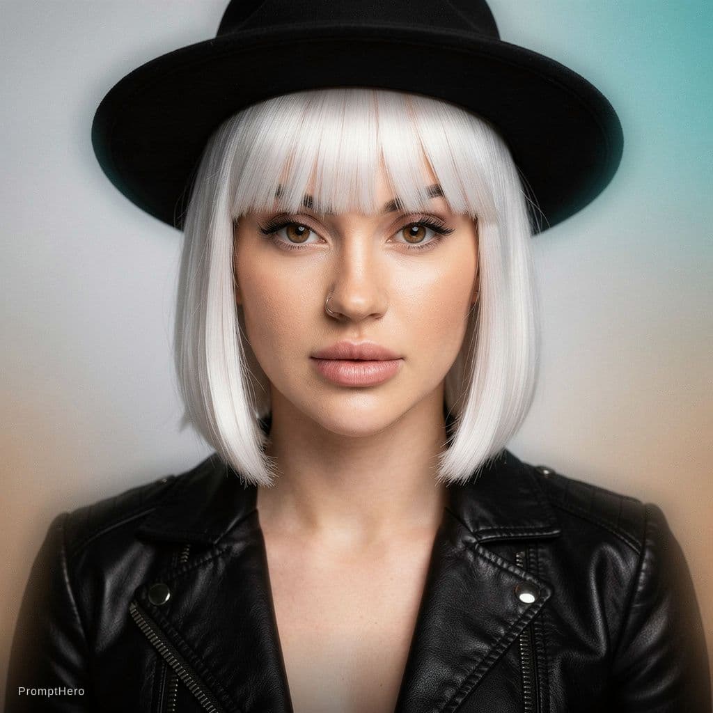 AI generated: a woman with white hair wearing a tight black jacket and a hat, in the style of mashup of styles, li...