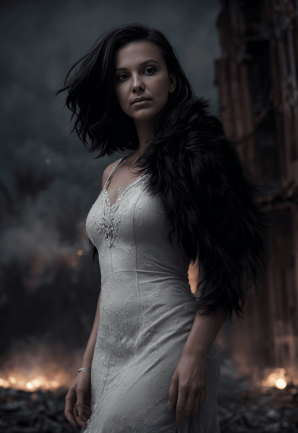 AI generated: close up, (front view:1.2) of a graceful female, centered in frame, (sad:1.3), intricate white dress...