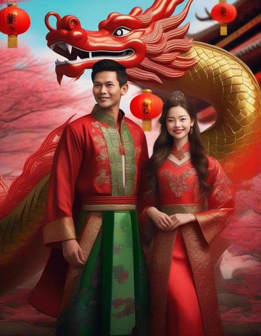 AI generated: (couple:3.3), standing in front of lunar new year dragon, official artwork, in the style of digital ...