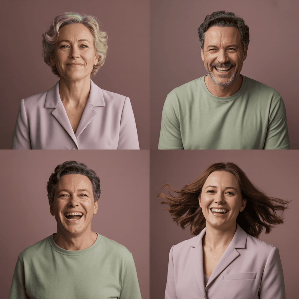 AI generated: Create a 9:16 hyper-realistic studio collage featuring two adult women and two adult men on a simple...