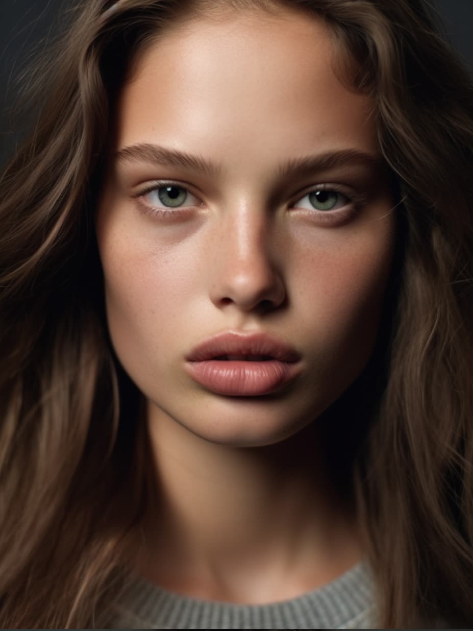 AI generated: a woman with long brown hair and blue eyes, nonbinary model, victoria siemer,  contourless, photo of...