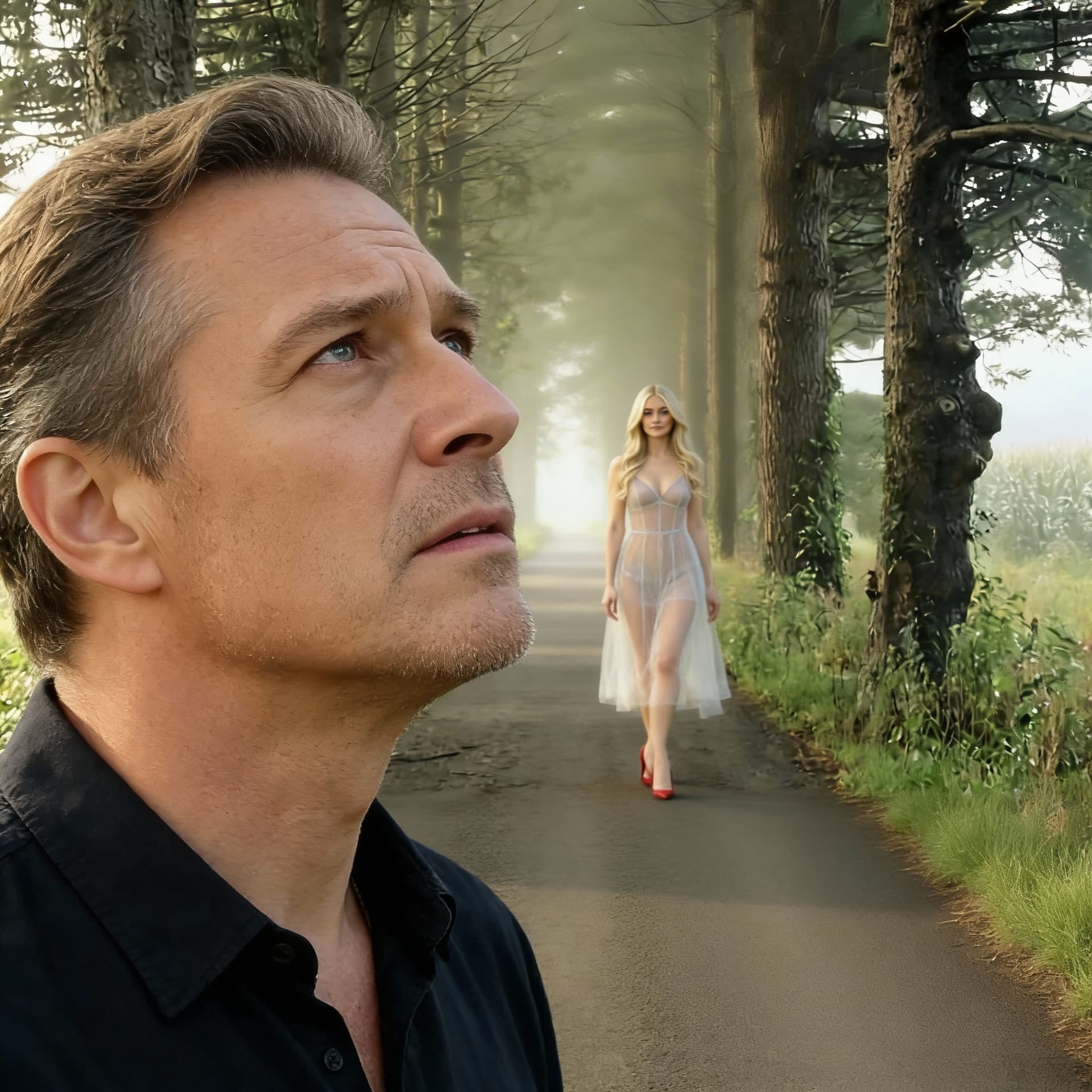 AI generated: a man in his 40s, disappointed in love, looks into the distance where a beautiful blonde woman dress...