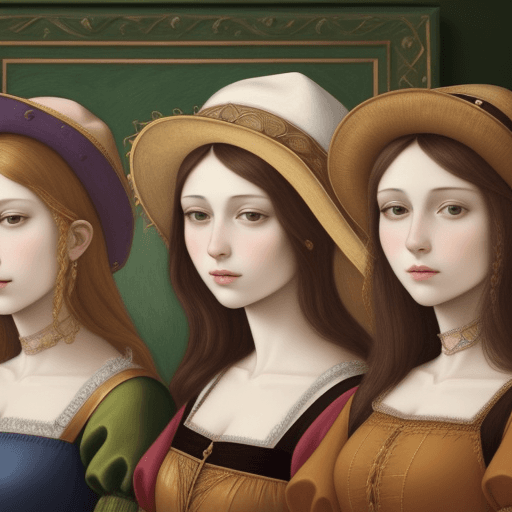 AI generated: a close up of a group of women wearing different hats, in a high renaissance style, inspired by Roma...