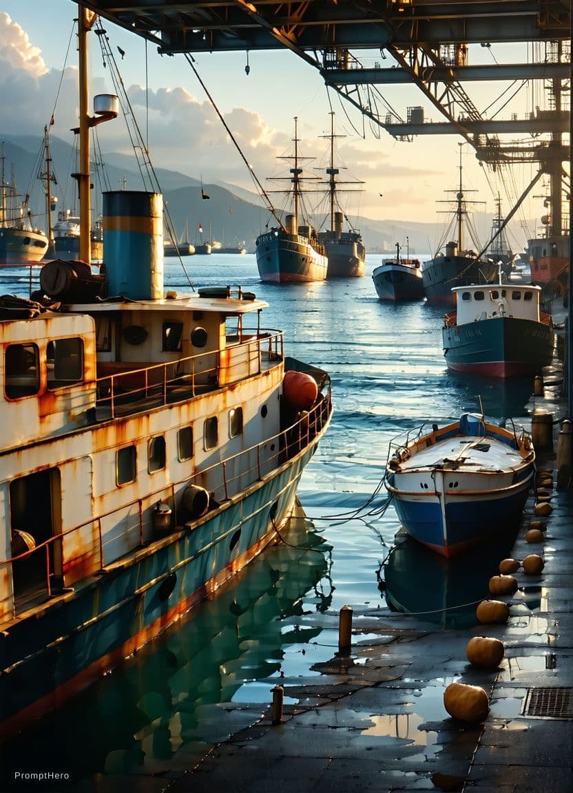 AI generated: photo of 8k ultra realistic harbour, port, boats, sunset, beautiful light, golden hour, full of colo...