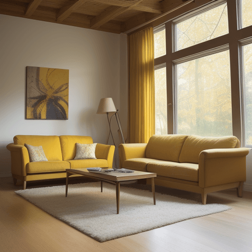 AI generated:  Photograph, living room, integration of oak flooring and rug features, abstract art canvas, creatin...