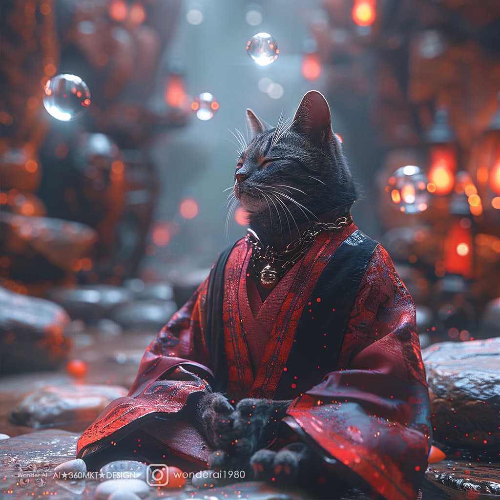 AI generated: Ultra wide-angle, low-angle shot, a realistically anthropomorphized cat dressed in ninja attire is m...