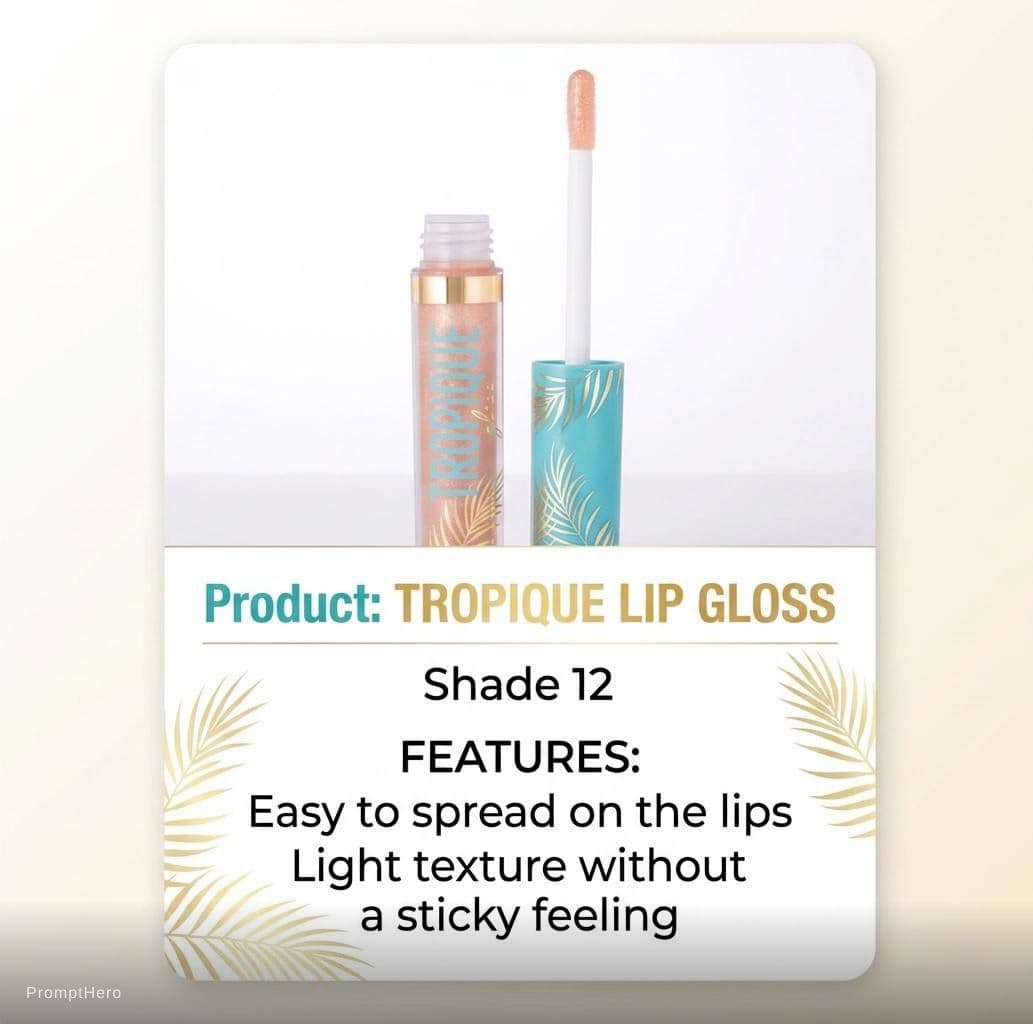 AI generated: Create a product card for this photo, specify:lip gloss, shade 12, easy to spread on the lips, light...