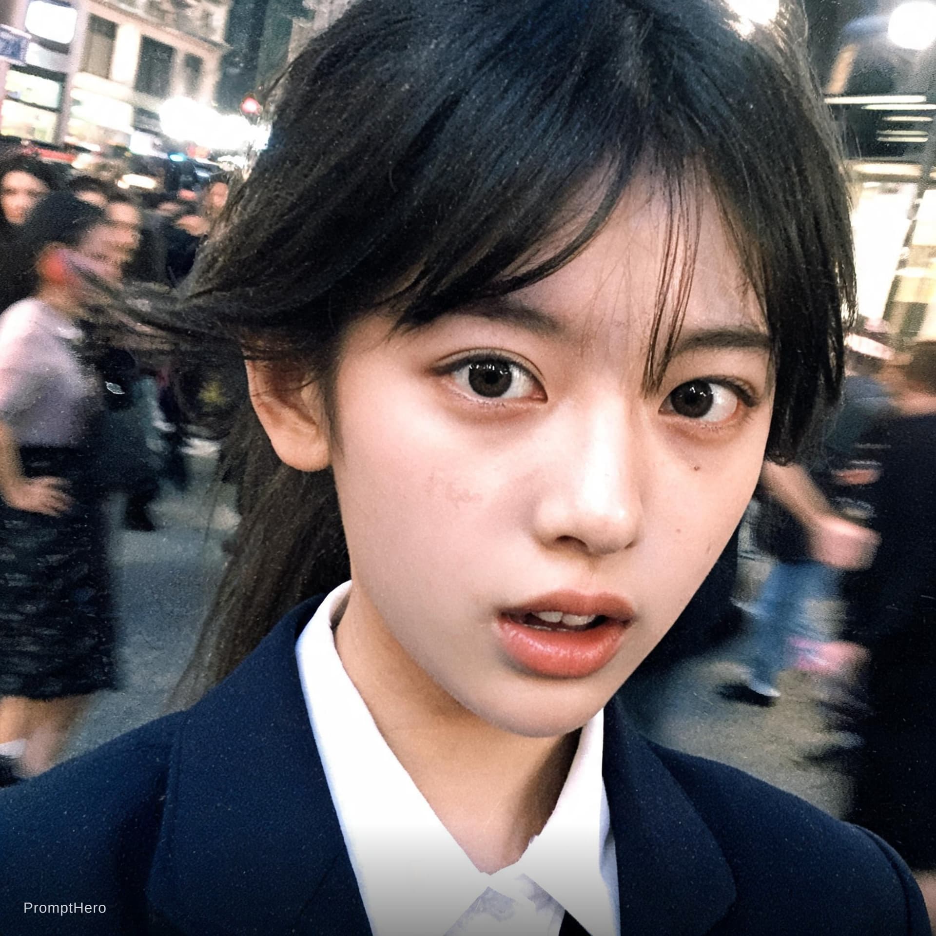 AI generated: Paparazzi-style extreme close-up photo of a woman with striking facial features, caught off-guard wh...