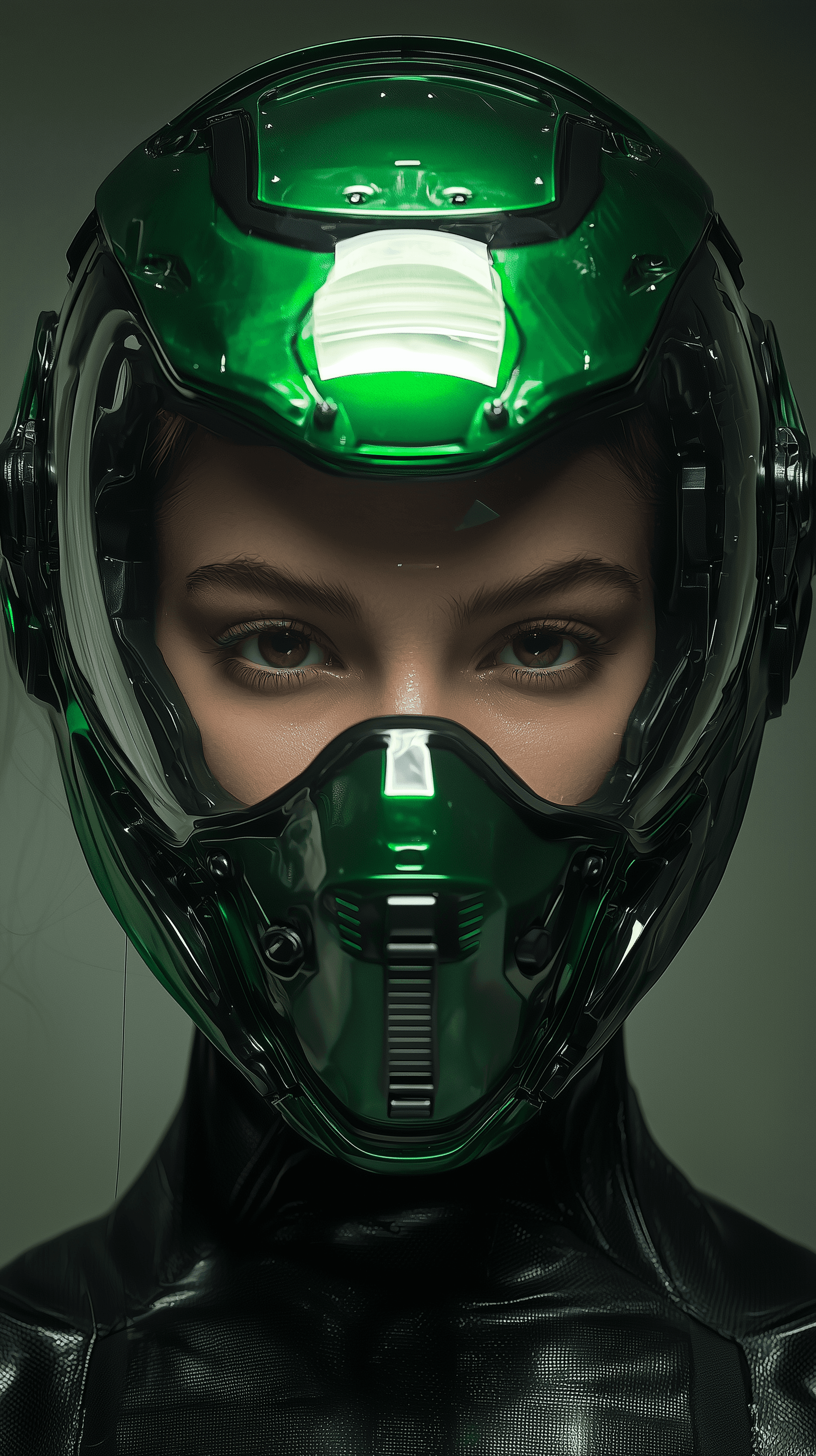 AI generated: photography, portrait of a female model, wearing a futuristic green and glossy helmet respirator mas...