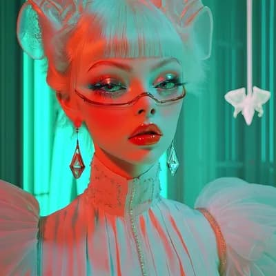 AI generated video:  A cyberpunk girl looks at the camera and looks up as the camera pulls back