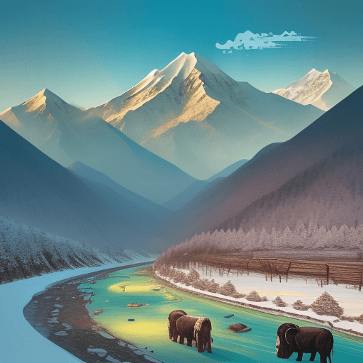 AI generated: Illustration of the scenery at the foot of Meili Snow Mountain in Shangri-La, with yaks grazing by t...