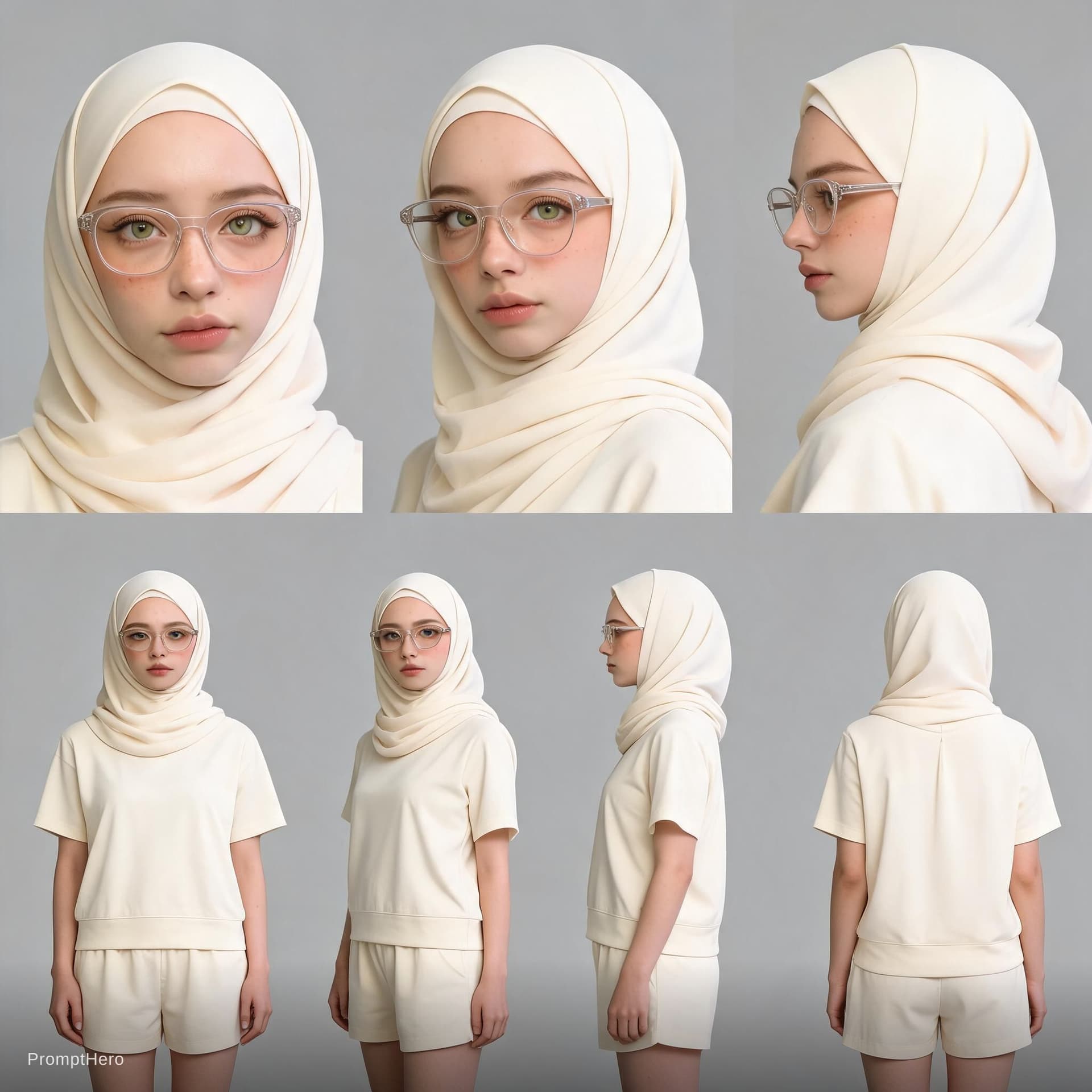 AI generated: Create a realistic DSLR character sheet on a grey backdrop using these uploaded selfies as the prima...