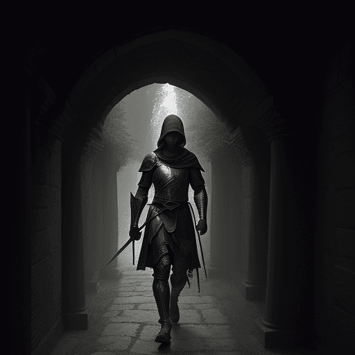 AI generated: The photo shows a figure in dark armor and hood holding a sword and walking through an ancient stone...