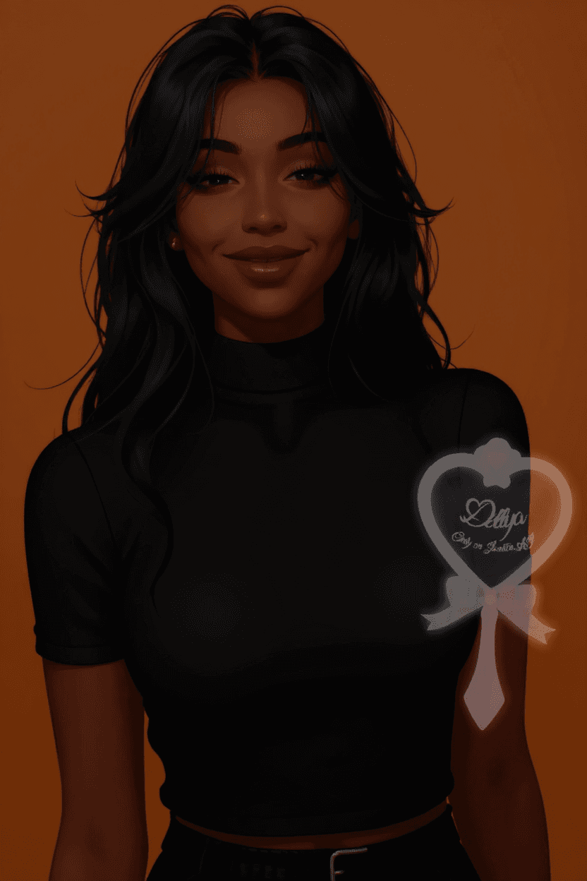 AI generated: Dark skin women with long black hair and black eyes. Black turtle neck and black pants. Smirking.