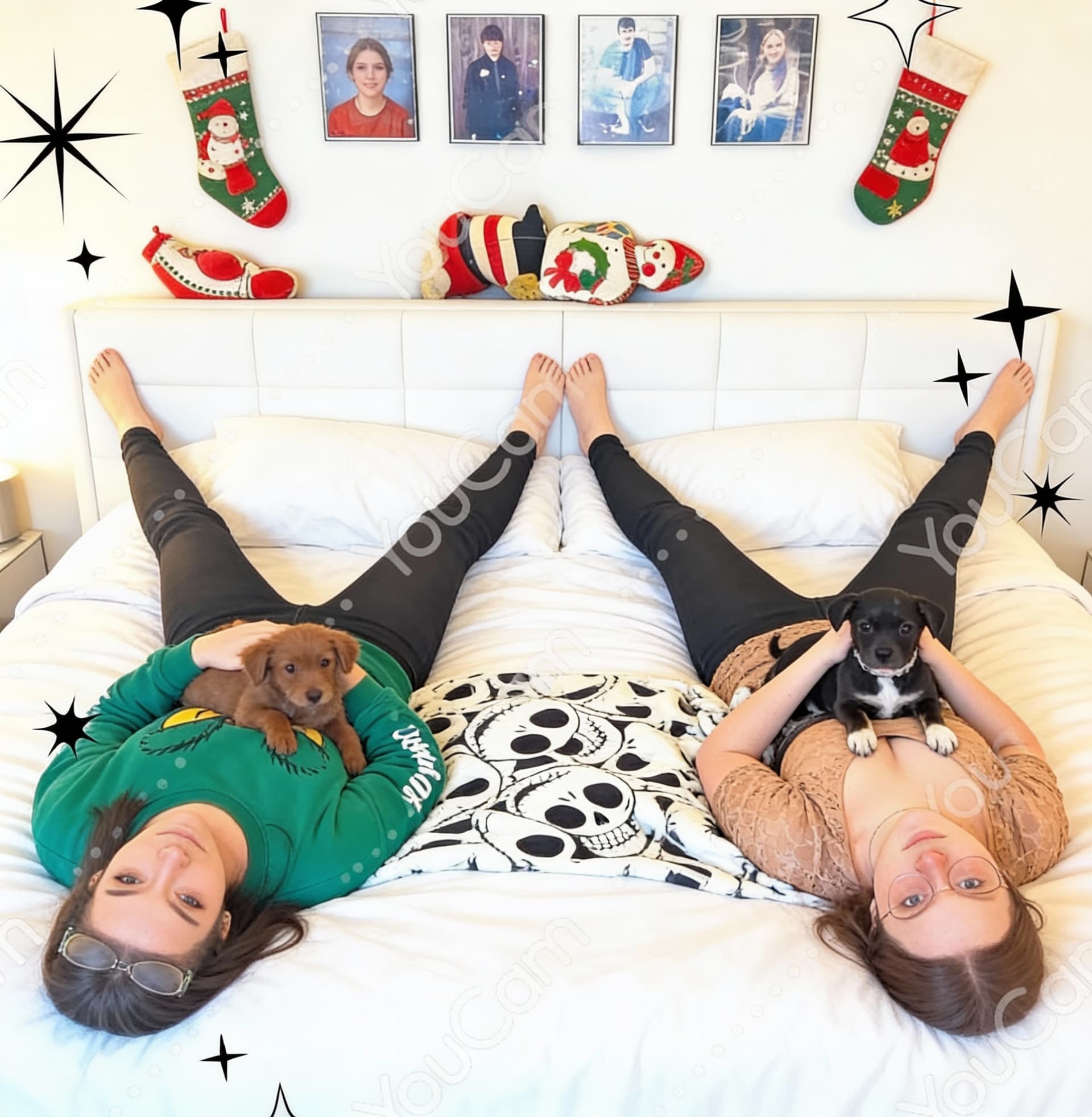 AI generated: the two women laying on their backs on a large white bed with their legs in the air spread eagle