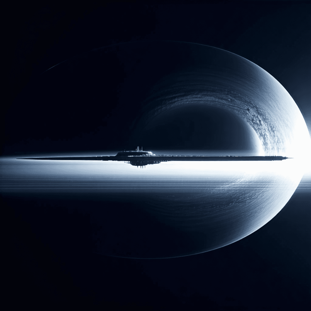 AI generated: minimalist sci-fi, orbital research station studying black hole, elongated structure pointing toward...