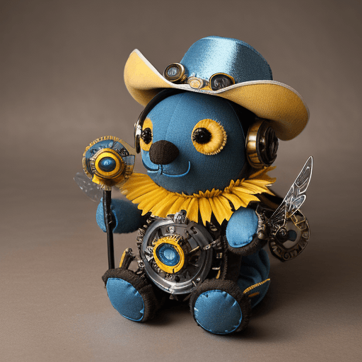 AI generated: ALL in as many shades of blue as possible An intricately detailed plush bumble bee with blue and yel...