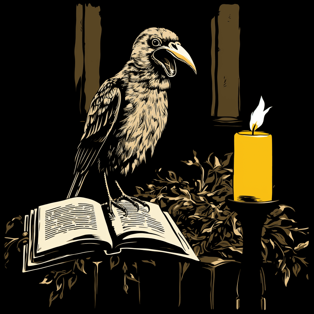 AI generated: Illustration of a bird, attending a poetry reading, reciting with passion, HD, by Jacques Tardi, Ilf...