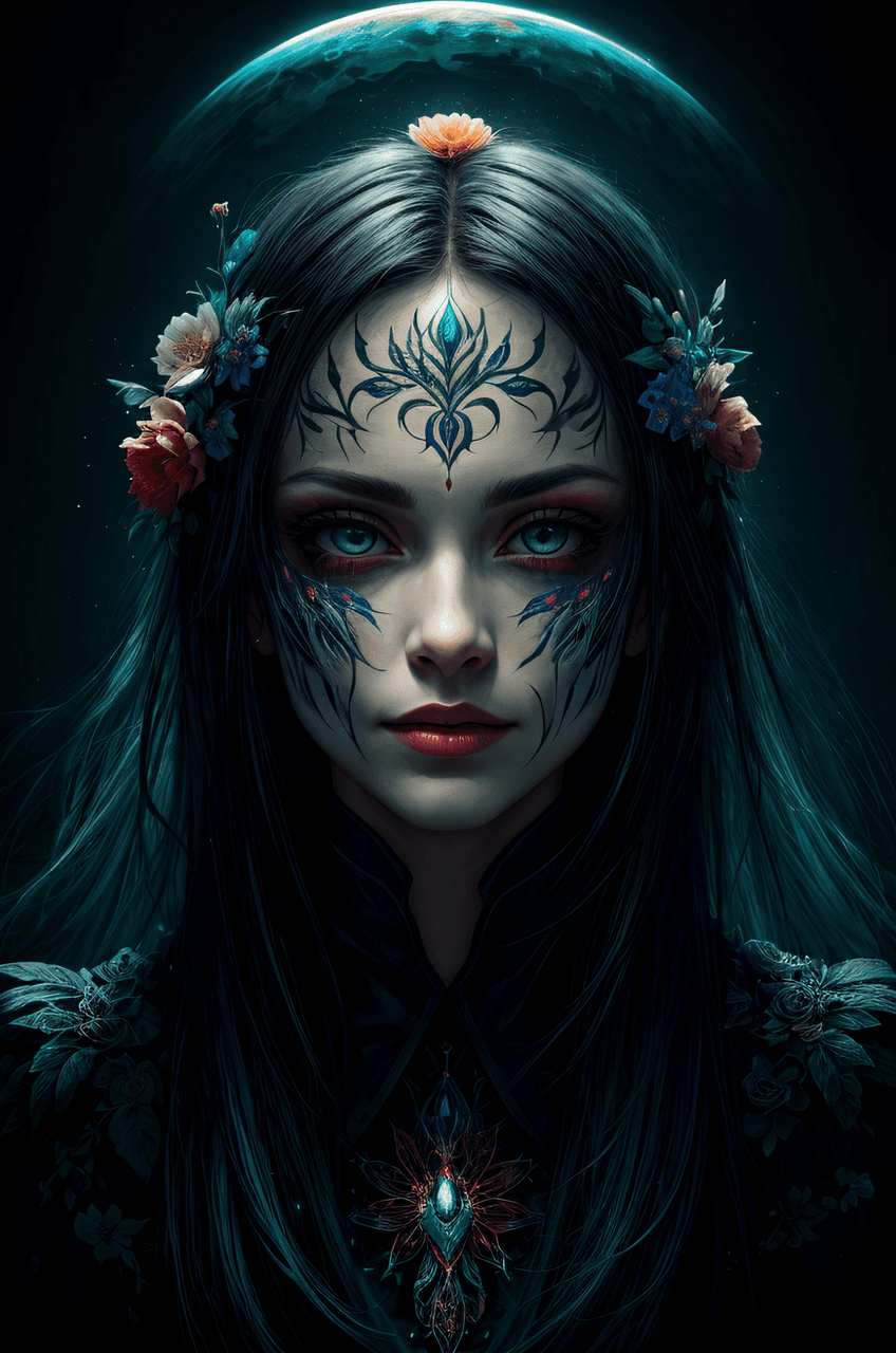 AI generated: Masterpiece,Best Quality floral, sinister, symmetrical, painted-face, fantasy, oil on canvas, color,...