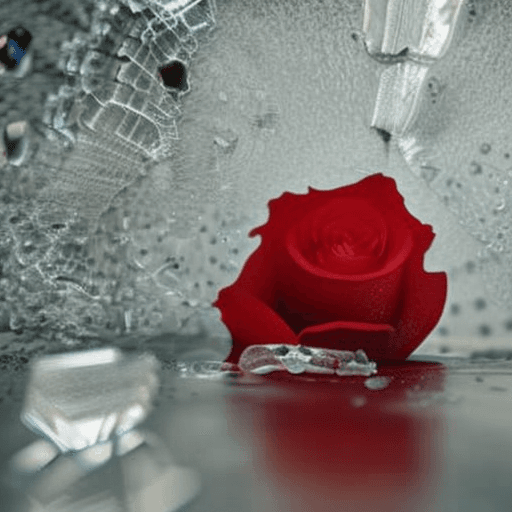 AI generated: close-up photo of a beautiful red rose breaking through a cube made of ice , splintered cracked ice ...